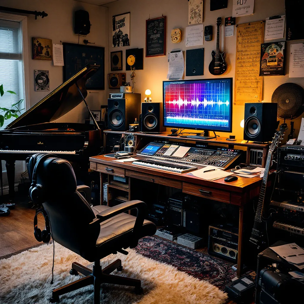 Prompt: Crea una imagen de una mesa de mezcla para generar música IA con notas musicales instrumentos  musicales una persona creando musica