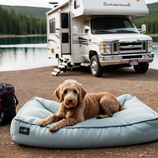 Prompt: A photorealistic photo of a young doodle dog laying on a dog bed next to a retired couple outside an Rv at a lake, DSLR, 50mm lens f/ 2. 8, shutter speed 1/ 60, soft light source, so beautiful --ar 7:4 --stylize 250