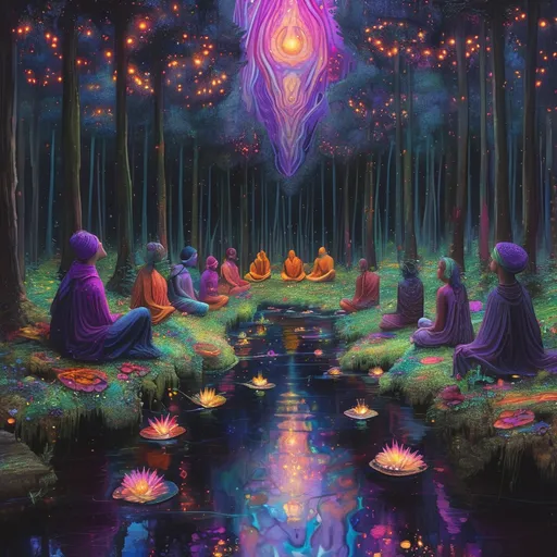 Prompt: Psychedelic forrest a night time in the start of spring, (dark theme), (earthy colors), vibrant patterns emerging from the body of water in the foreground surrounded by a group people meditating. rich hues of only deep purple, dark brown blending together with minimal color, atmospheric depth, surreal ambiance, mysterious aura, high definition, ultra-detailed, intelligent visuals, engaging colors captivating the viewer's imagination and feeling calm.
