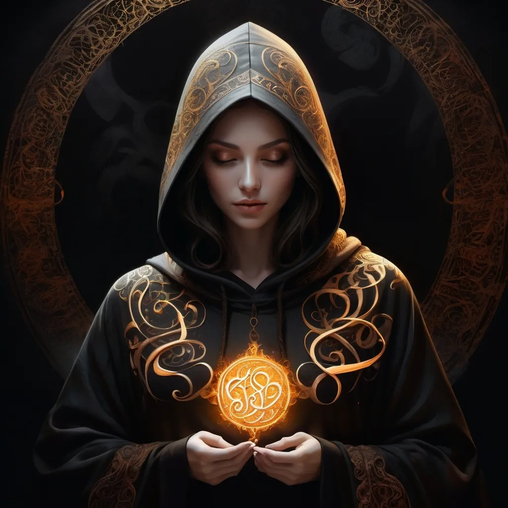 Prompt: (artistically rendered) Calligraphy styled hooded monk (feminine), intricate calligraphy swirls, glowing sun, dark color palette, ethereal and dramatic ambiance, luminous highlights against (black background), detailed textures, high contrast, captivating atmosphere, ultra-detailed, surreal integration of light and shadow, mystical vibes, ornate designs intertwined with spiritual elements, illuminated text elements among shadows.