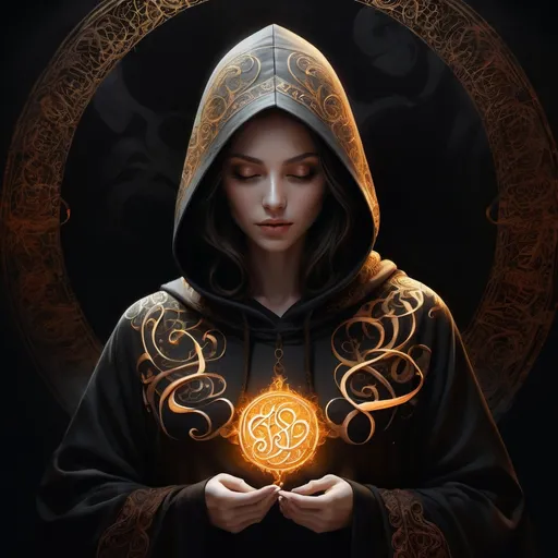 Prompt: (artistically rendered) Calligraphy styled hooded monk (feminine), intricate calligraphy swirls, glowing sun, dark color palette, ethereal and dramatic ambiance, luminous highlights against (black background), detailed textures, high contrast, captivating atmosphere, ultra-detailed, surreal integration of light and shadow, mystical vibes, ornate designs intertwined with spiritual elements, illuminated text elements among shadows.