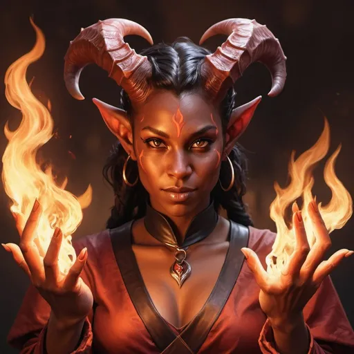 Prompt: hyper-realistic Tiefling character with fire hands, fantasy character art, illustration, dnd, warm tone