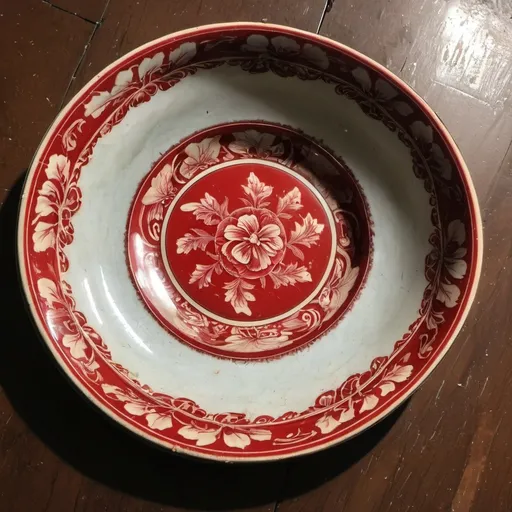 Prompt: Give me an image of a broken red pickle dish from the 1900's