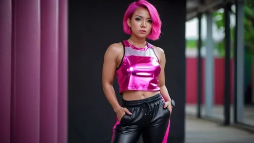 Prompt: Medium shot, Muscular Phillipino girl with short pink hair in shiny loose black leather joggers, a hot pink sports top, UHD, Bokeh