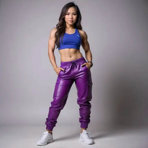 Prompt: Muscular Filipino girl in loose bright purple leather joggers 