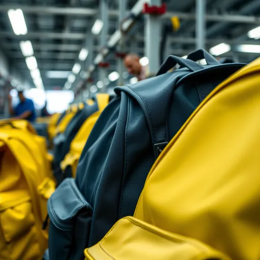 Prompt: backpacks factory photo close up