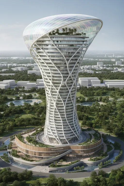Prompt: generate a tower design for The top of the tower has a soft, freeform roof that appears like a shell or dune, which gives the building a biomorphic identity a tower with 17floors and 3 podium 
