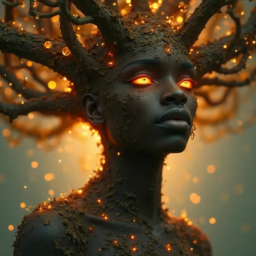 Prompt: Nyame, (spirit of the baobab, glowing  amber eyes, skin like bark, voice echoing like wind through leaves, appears as shifting figure half human, half tree.
