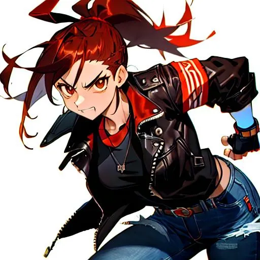 Prompt: brown eyes, red ponytail hair, classic pipe, armband, rectangular silver necklace,
black shirt, frayed jeans, zipper jacket, fingerless gloves, taunting face, thick dark circles, holding a lighter, cool face,