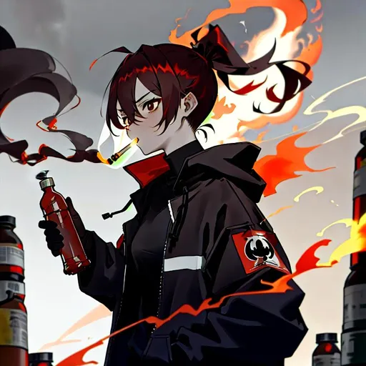 Prompt: red ponytail hair, brown eyes, low-necked black collarless shirt, Hooded jacket, holding lighter, arson, smoking pipe, snicker, carrying flamethrower, burning, hot, handling bottle with flammable material, gloomy, psychopath, mental disease, psychopathy, illness, manhera, black eye circles, 