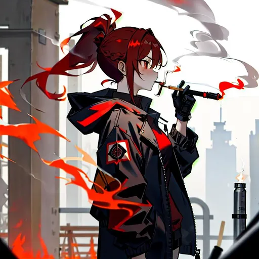 Prompt: red ponytail hair, brown eyes, low-necked black collarless shirt, Hooded jacket, holding lighter, arson, smoking pipe, snicker, carrying flamethrower, burning, hot, handling bottle with flammable material, gloomy, psychopath, mental disease, psychopathy, illness, manhera, 