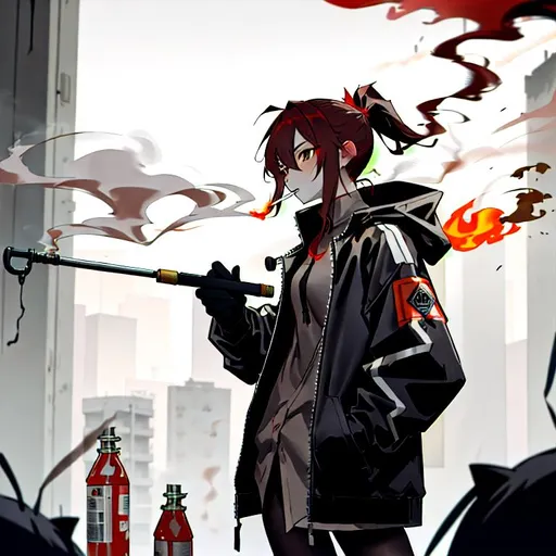 Prompt: red ponytail hair, brown eyes, low-necked black collarless shirt, Hooded jacket, frayed stocking, holding lighter, arson, smoking pipe, snicker, carrying flamethrower, burning, hot, handling bottle with flammable material, criminal, gloomy, psychopath, mental disease, psychopathy, illness, manhera, black eye circles, 