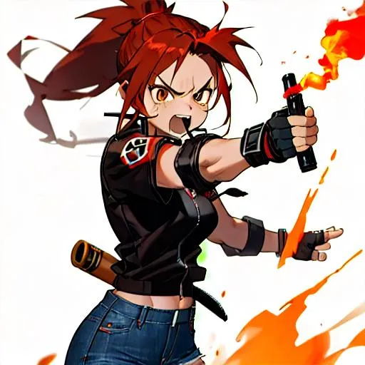 Prompt: brown eyes, red ponytail hair, classic pipe, armband, rectangular silver necklace,
black shirt, frayed jeans, zipper jacket, fingerless gloves, taunting face, thick dark circles, holding flamethrower, aggressive attitude, 