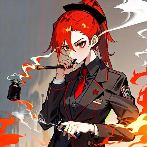 Prompt: red ponytail hair, brown eyes, Black collarless shirt, blazer with hat, gas lighter, arson, smoking classic pipe, snicker, holding flamethrower, burning, hot, handling bottle with flammable material, gloomy, psychopath, mental disease, psychopathy, illness, manhera, 