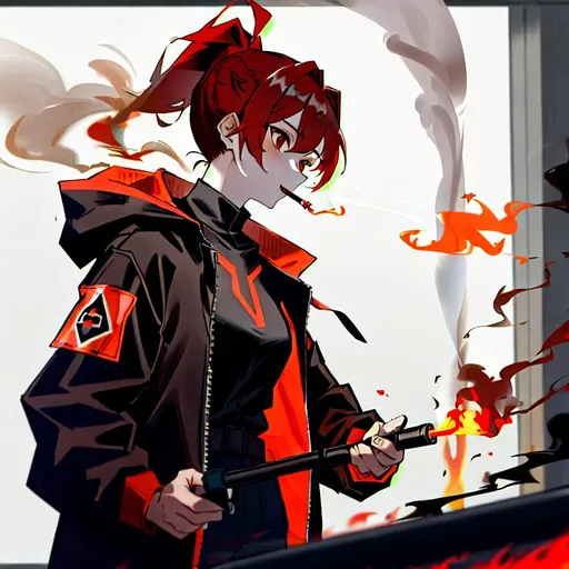 Prompt: red ponytail hair, brown eyes, Black collarless shirt, Hooded jacket, holding lighter, arson, smoking pipe, snicker, carrying flamethrower, burning, hot, handling bottle with flammable material, gloomy, psychopath, mental disease, psychopathy, illness, manhera, 