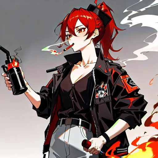 Prompt: red ponytail hair, brown eyes, Black collarless shirt, jacket with hat, holding lighter, arson, smoking classic pipe, snicker, flamethrower connecting with lighter, burning, hot, handling bottle with flammable material, gloomy, psychopath, mental disease, psychopathy, illness, manhera, 