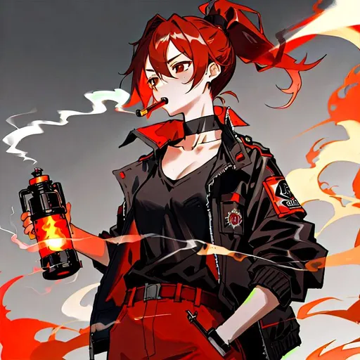 Prompt: red ponytail hair, brown eyes, Black collarless shirt, jacket, gas lighter, arson, smoking classic pipe, snicker, flamethrower, burning, hot, handling bottle with flammable material, gloomy, psychopath, mental disease, psychopathy, illness, manhera, 