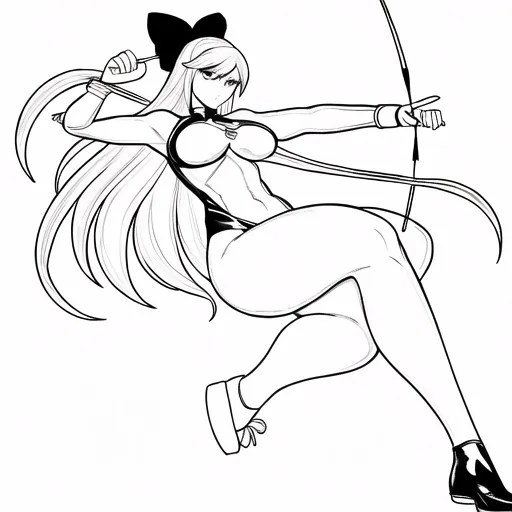 Prompt: b&w line drawing outline of a  gorgeous female superhero.. wearing a tight leather Indian suit with nice chest big chest big posterior and nice legs she has big eyes long hair and leather moccasins up to her knees she's holding a bow and arrow as a weapon she is not skinny but not fat just slightly thick.. background is is what remains of a city that is post-apocalyptic