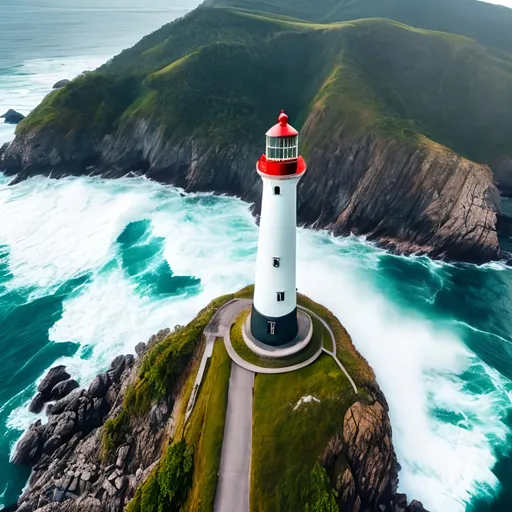 Prompt: Amazing ocean waves lighthouse on mountainous island