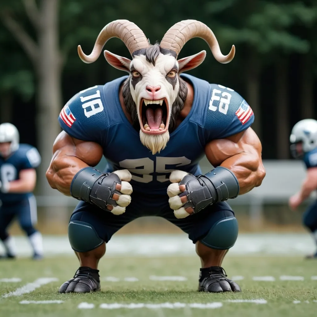 Prompt: Angry muscular Goat playing American football in pads