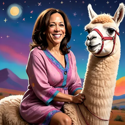 Prompt: Kamala Harris in a nighty, riding a alpaga, and laughing.

