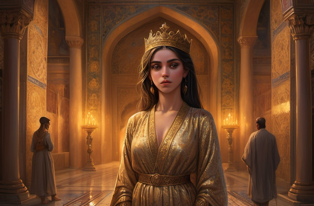 Prompt: A grand Persian palace interior, bathed in golden candlelight. A powerful Persian king wearing a luxurious embroidered robe and an ornate golden crown stands in the foreground, looking down at a beautiful but sorrowful slave girl dressed in elegant yet simple Persian attire. The girl, with deep, sad eyes, looks away as if hiding a secret. In the background, intricate Persian mosaics, silk curtains, and golden pillars add richness to the scene. The atmosphere is dramatic, with a slight sense of mystery and emotional tension, capturing the power dynamic between the characters. The lighting is soft and cinematic, highlighting the emotions on their faces.