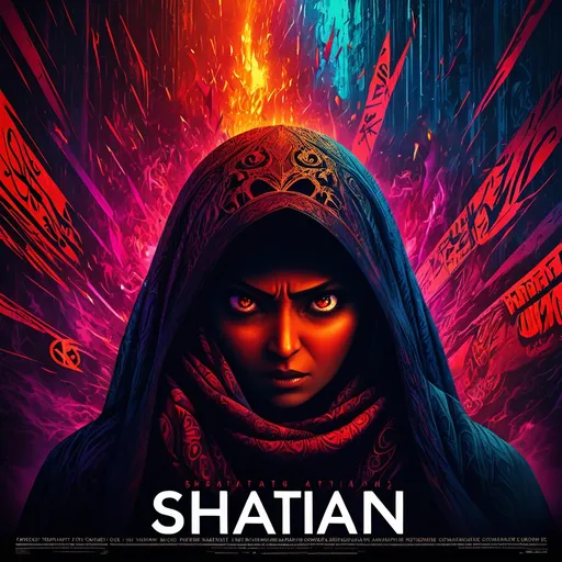 Prompt: (movie poster of Shaitan 2), dynamic composition, (vibrant colors), dramatic lighting, high-energy atmosphere, eye-catching typography, featuring intense characters and gripping expressions, dark yet beautifully illustrated background, detailed texturing, 4K quality, modern cinematic style, captivating visual storytelling.