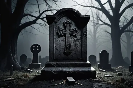 Prompt: Tombstone with cryptic symbols, shredded carcass, eerie atmosphere, high quality, dark horror, detailed weathered texture, ominous lighting, haunting, spooky ambiance, misty graveyard, gothic, macabre, detailed carving, dramatic shadows, cinematic, unsettling scene