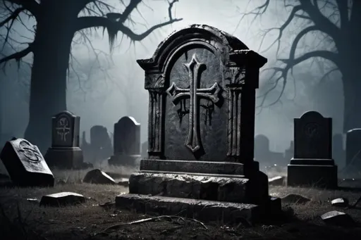 Prompt: Tombstone with cryptic symbols, shredded carcass, eerie atmosphere, high quality, dark horror, detailed weathered texture, ominous lighting, haunting, spooky ambiance, misty graveyard, gothic, macabre, detailed carving, dramatic shadows, cinematic, unsettling scene