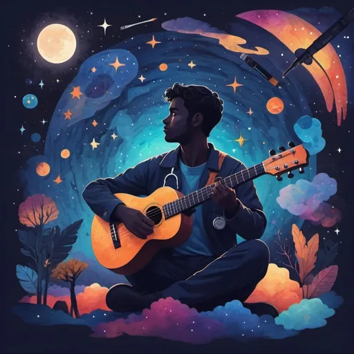 Prompt: I want a picture to represent me for my YouTube channel, based on my characteristics. I'm a 27 year male, Doctor in Navy, loves to travel alone, plays ukulele, sings, amateur astronomer, paints, explores. No face