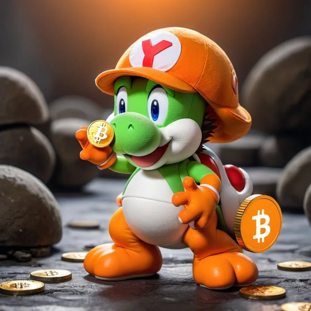 Prompt: Yoshi from super mario but hell bent on bitcoin version with orange bitcoin hat and shell. digital money backgroud