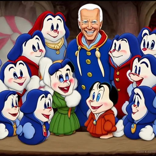 Prompt: Joe Biden as snow white and the 7 dwarfs 