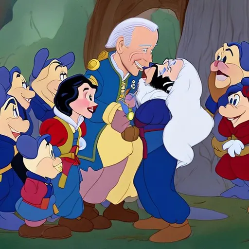 Prompt: Joe Biden as snow white and the 7 dwarfs being kissed by prince charming and woken up from his forever sleep