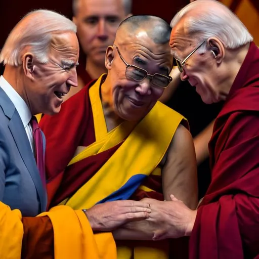 Prompt: Joe Biden holding his tongue out at the Dalai lama