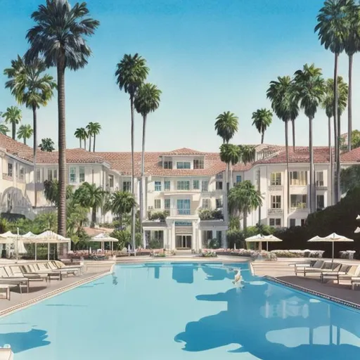 Prompt: create a beautiful pool scene at the Beverly Hills Hotel with Syd Mead-style art methods.