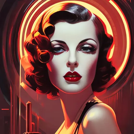 Prompt: create a best-selling art image of a glamorous 1930's femme fatale woman in the genre of Deisal Punk art, cinematic lighting, film noir style, colorful done with Syd Mead's style.