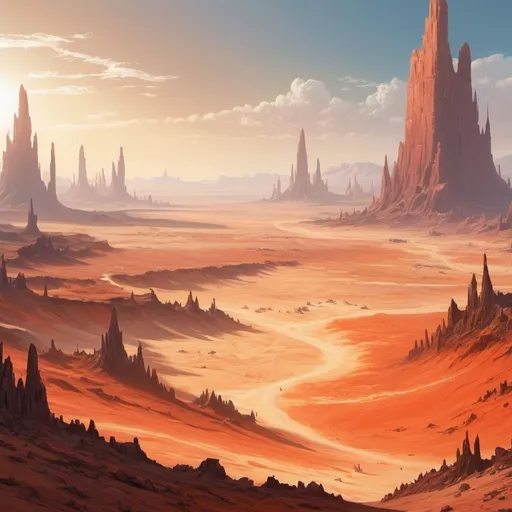 Prompt: a sweeping view of a scorching hot desert, reminding the viewer of the vast fantasy landscapes of Hyperborea.