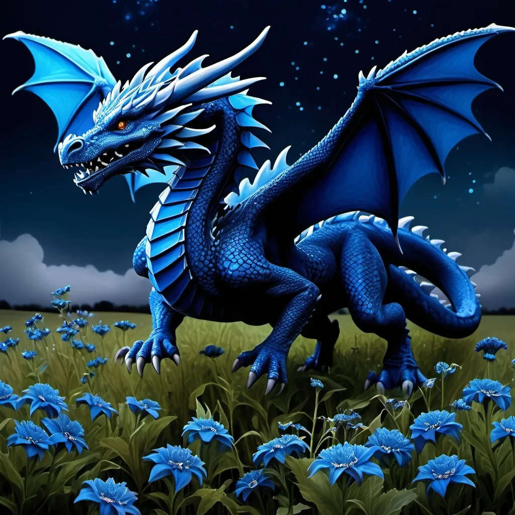 Prompt: Not scary dragon from a heroic fantasy novel flying over a field of midnight-blue flowers