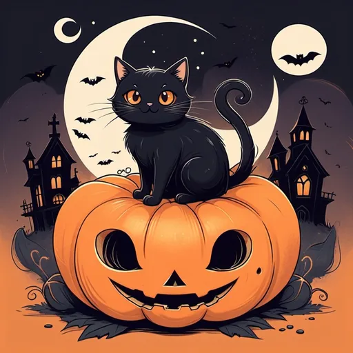 Prompt: spooky,color,vintage,sketched,cute small fluffy black cat sit on pumpkin, cute ghost,lofi album cover