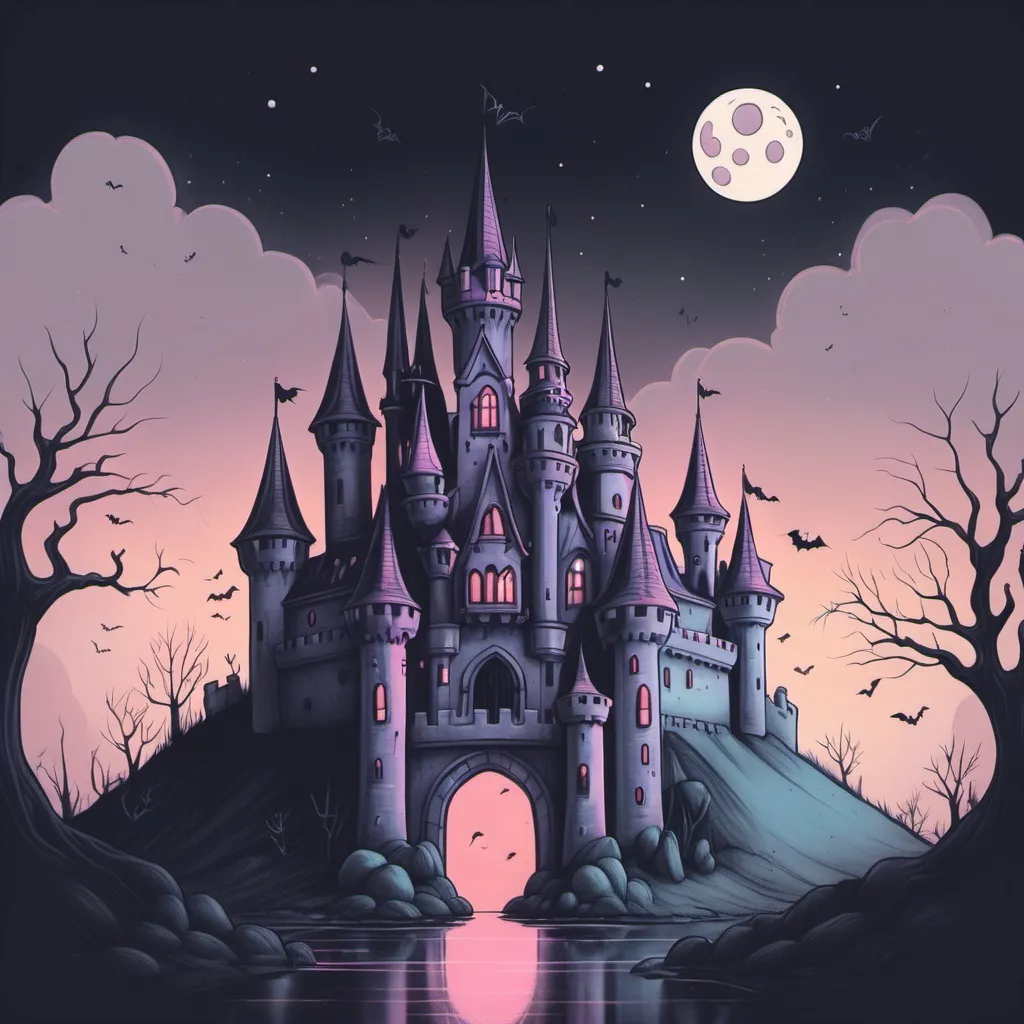 Prompt: spooky cute castle sketched colour pastel for  lofi album cover