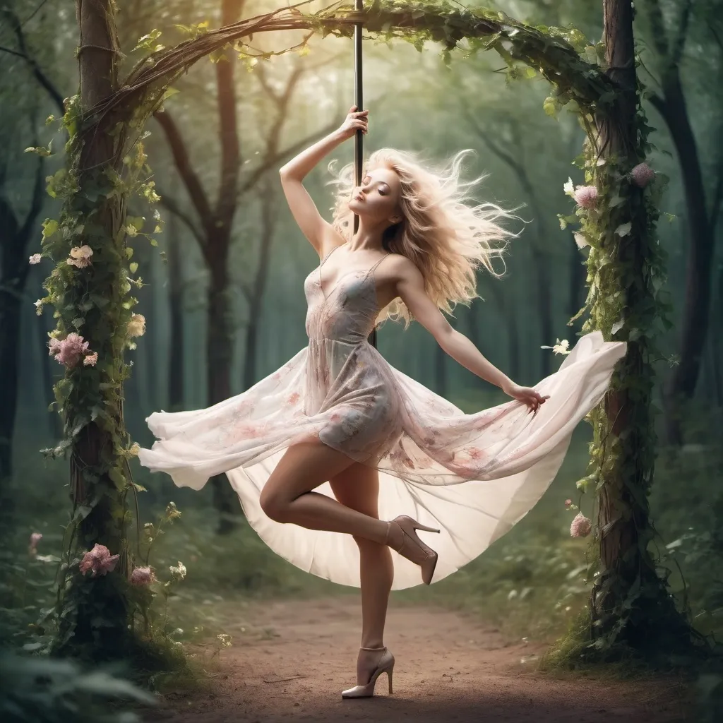 Prompt: An image similar to a photograph of a pole dancing girl. A fair-haired girl with a delicate appearance in a light dress and in heels. She is in a magical forest with vines and flowers. The wind is fluttering her hair and dress.