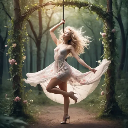 Prompt: An image similar to a photograph of a pole dancing girl. A fair-haired girl with a delicate appearance in a light dress and in heels. She is in a magical forest with vines and flowers. The wind is fluttering her hair and dress.