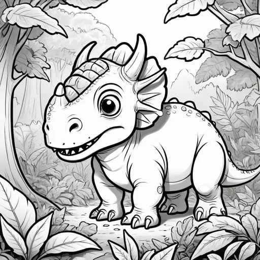 Prompt: creating black and white cartoon-style dinosaur illustrations suitable for a coloring book for kids which shows that a friendly Triceratops munching on leaves from a tree.
