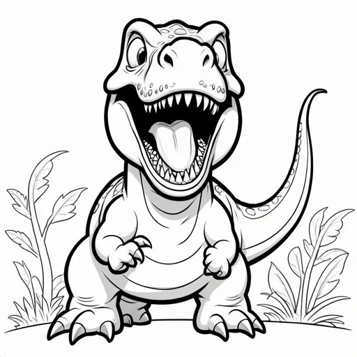 Prompt: creating black and white, no shading, cartoon-style dinosaur illustrations suitable for a coloring book for kids which shows that a Tyrannosaurus rex roaring with its mouth wide open, showing its sharp teeth
