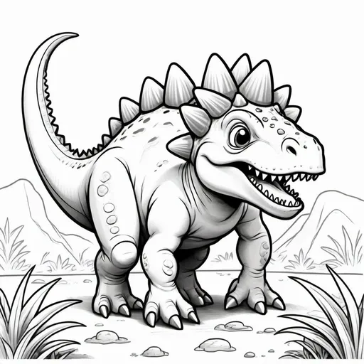 Prompt: creating black and white cartoon-style dinosaur illustrations with no shadows suitable for a coloring book for kids that shows 4.	A playful Stegosaurus wagging its tail while grazing.
