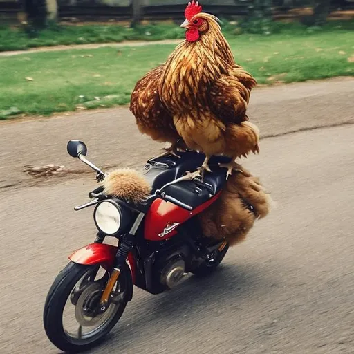 Prompt: a chicken riding a motorcycle