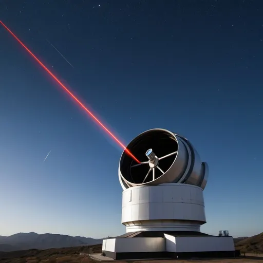 Prompt: a large telescope shooting a laser at the sky