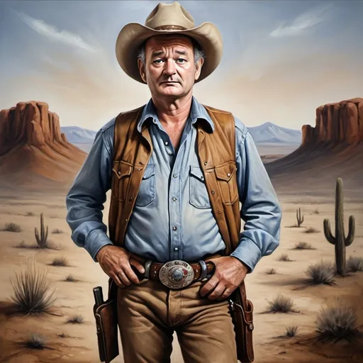 Prompt: Bill Murray as a mean, cool cowboy, oil painting, rugged cowboy hat and boots, stern expression, stubbled face, dusty desert backdrop, high contrast, rugged, intense lighting, gritty style, traditional, earthy tones, intense glare, professional, high-res, oil painting, cool cowboy, stern look, dusty desert, rugged style, intense lighting, traditional art, earthy tones