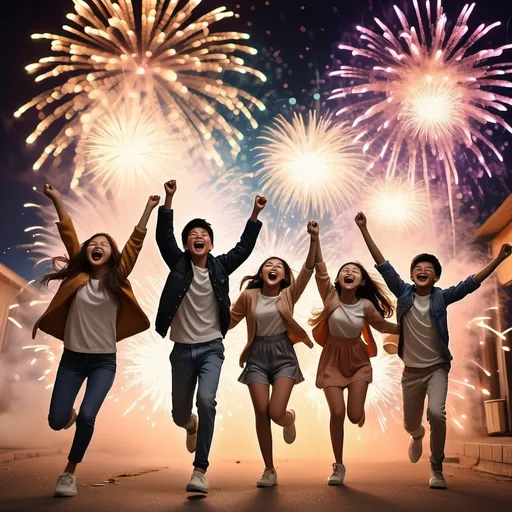 Prompt: (energetic scene of teenagers celebrating), vibrant fireworks lighting up the night sky, joyful expressions, festive outfits, confetti swirling around, dynamic poses as they run, warmly illuminated background with party decorations, a sense of excitement and anticipation for the New Year, ultra-detailed, high quality, capturing the spirit of celebration and youthfulness.