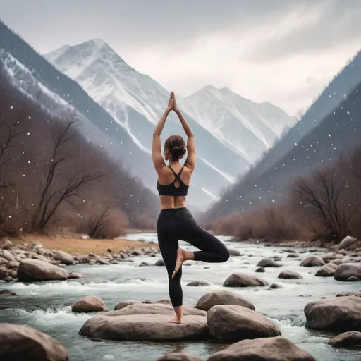 Prompt: ‏a person practicing yoga in the nature next to a river with the background of snowing‏mountains ciggles in the sky animals playing around with yoga pose